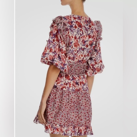 NWT SAYLOR Laci Mini Dress Pink Floral Combo Puff Sleeve Ruffle Mixed Print LRG - Picture 3 of 12